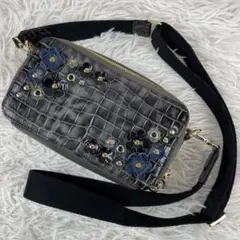 美品　LEATHER JEWELS フラワー　クロコ型押しショルダーバッグ