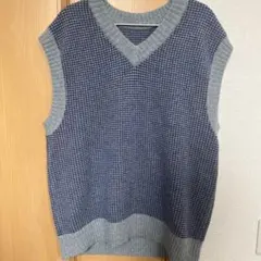 ネイビーブルー ニット Vネック ベスト