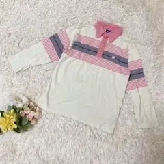 ハングテン 長袖 ポロシャツ シャツ ボーダー ピンク系 コットン M