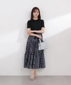 PROPORTION 半袖花柄ドッキングニットワンピース PSサイズ