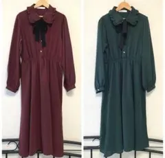 フリル襟リボン付きAラインワンピース　洋館メイド　バーガンディカーキ2着セット