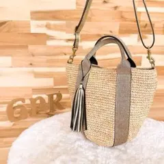 【ヴィオラドーロ】ラフィア 2wayショルダーバッグ かごバッグ ベージュ×金