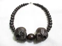 【髑髏(スカル)】一級職人手彫り【縞黒檀】特大３８ｍｍ、トップ付きネックレス