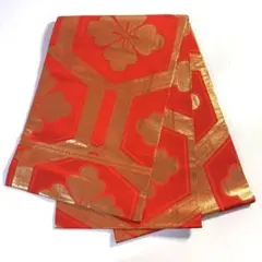 5k2816 丸帯　絹　両面全通　亀甲　金色　橙色　柄物　和装　着物