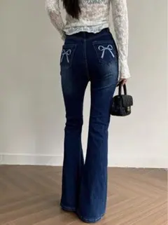 GRL 백 리본 자수 플레어 데님 팬츠 at2289