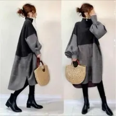 ゆったり ワンピース モノトーン 長袖 ぽわん袖