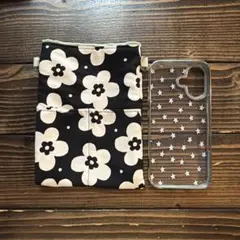 ハンドメイド スマホポーチ 花柄✖️モスグリーン