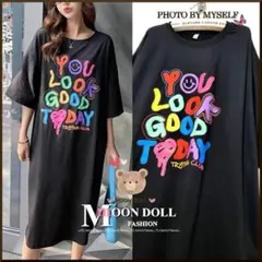 ニ*コ様 【～3L4L相当】カラフルロゴゆったりTシャツワンピース*黒