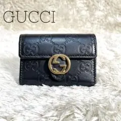 グッチ キーケース 6連 GG インターロッキング ロゴ 型押し レザーブラック