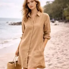 美品 ラルフローレン リネンシャツワンピース キャメル 春夏用 レディース M