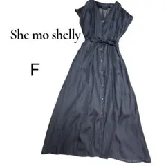 美品✨She mo shelly 　シャーリングV ネック ワンピース　リボン