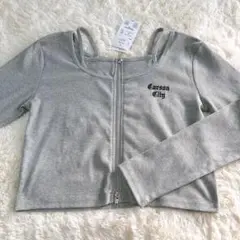 新品　グレー 長袖リブトップス　重ね着風　ショート丈　ダブルジップ　Lサイズ