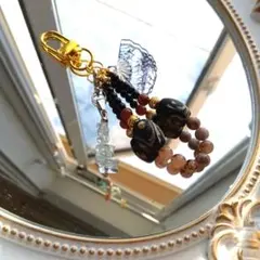 扇子×水晶×黒曜石×ガーネット×瑠璃×瑪瑙和風お守りチャーム☆天然石