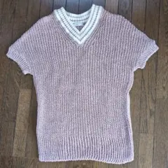 Gabardine K.T 薄紫畝編みVネック綿麻ニットベスト　フリーサイズ