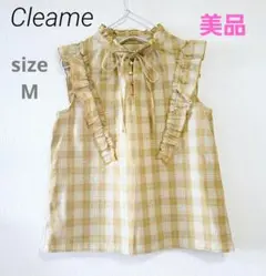 【Cleame】フリルチェック柄 リボンノースリーブ チュニック　M