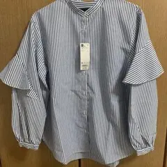 GU ラッフルスリーブブラウス(長袖) (ストライプ) BLUE