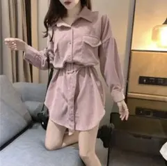 コーデュロイシャツワンピース♡ピンク♡チュニック韓国 ファッション レディース