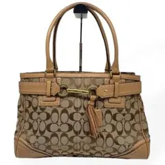 良品　COACH トートバッグ　シグネチャー　キャンバス　レザー　肩掛け　茶