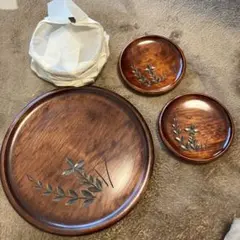 ◆未使用◆木製 お盆・銘々皿5個セット◇葉の彫刻
