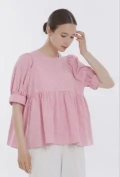 新品同様品yoriギンガムチェックパフスリーブブラウス