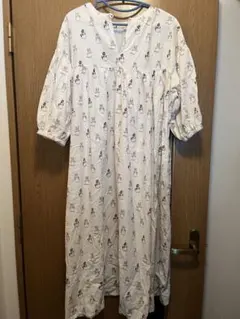 猫プリント 七分袖ロングワンピース