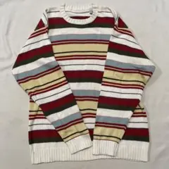 コットンニットセーター ストライプ柄 長袖クルーネックセーター