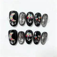 [当日発送]　量産型ネイル 黒 星月ラメ 銀ホロ 地雷系 可愛いチップ