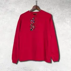 90s DISNEY 銀タグ ロンT ヘンリーネック ミッキーマウス レッド系