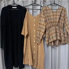 コーデセット マルチカラー袖ふりるトップス ワッシャーワンピース 