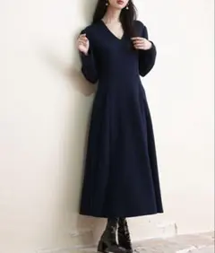 ネイビー Vネック 長袖 ロングワンピース