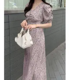 GRLグレイル花柄バックリボンワンピース ラベンダー 骨スト 着痩せ