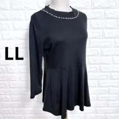 3890. チュニック 黒 LL パール ビジュー ストレッチ ゆったり