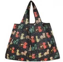 黒地ネコ柄　大容量軽量エコバッグ