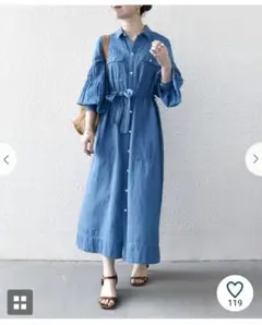 SHIPS any　シアー デニム ポケット ロング シャツ ワンピース