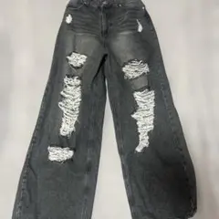 ダメージ加工ダークグレーワイドレッグデニム