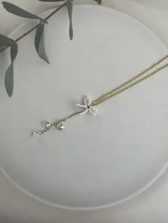 リボン型パールクリスタルロングネックレス