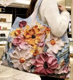 おしゃれ油絵柄シリーズ花柄A 大容量エコバッグ 折りたたみ買い物袋　収納袋1袋