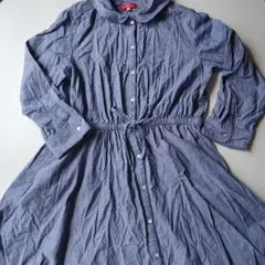 アースミュージック&エコロジーM長袖シャツワンピース藍色　春秋物　リボン付き