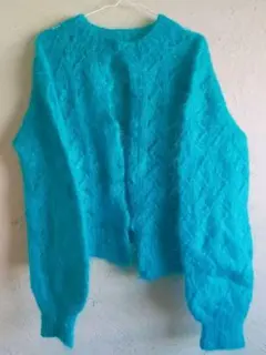 【レトロニットカーディガン/古着】透かし編み 水色モヘアニットカーディガン