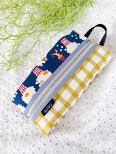 マチが広がるファスナーポーチ/ポップコーンキャット/ネイビー/ハンドメイド