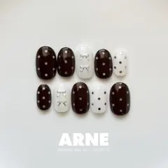 【No.210】ネイルチップ 韓国ネイル リボンネイル ドットネイル ブラウン