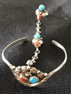 ★インディアンジュエリー ★ターコイズ&レッドコーラル シルバーリング　バングル