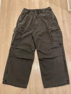 【試着のみ】GUスーパーワイド カーゴパンツ ブラックデニム ダークグレー M