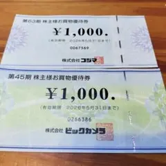 ビックカメラ、コジマ　株主優待券　計2,000円分