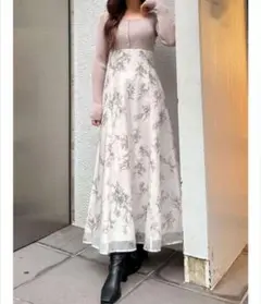 mercuryduo バックレースアップボタンニットドッキング花柄ワンピース