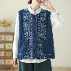 ベスト ラウンドネック ゆったり プリント レディース 綺麗め ボタン おしゃれ