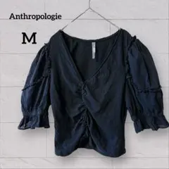 レア✨Anthropologie【M】ブラック　フリル半袖トップス Vネックのサムネイル