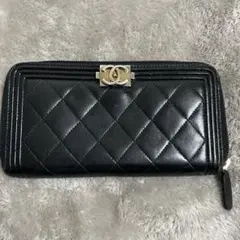 297 美品【最安】香奈兒經典菱格紋圓形拉鍊長夾 黑✕金