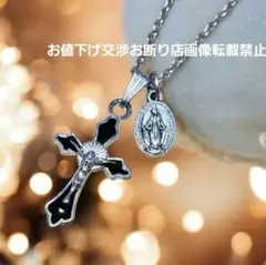プチ奇跡♡ブラックエナメル 磔刑クロス＆不思議のメダイ ネックレス約50cm