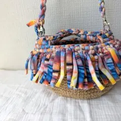 フリンジ付きかごバッグ　麻バッグ　マルシェバッグ　ショルダーバッグ